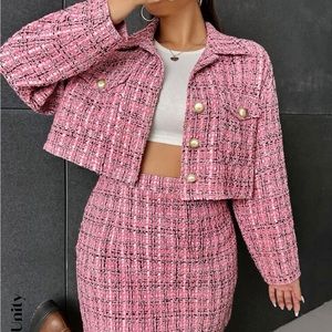 Shein Pink Unity Plus Plaid Tweed Jacket and Skirt in 3XL